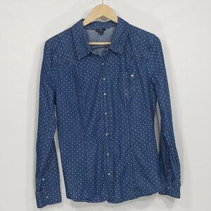 Guess Blue & White Polka Dot Pearl Snap Shirt